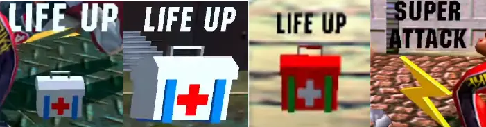 An overview of all item pick-ups in SpikeOut. The small and medium health items have the same model, but the latter is larger.